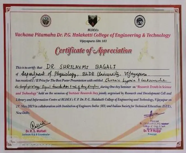 dr_shrilaxmi_bagali_certificate_of_FIRST PRIZE FOR BEST POSTER PRESENTATION BLDEA&rsquo;s Dr P. G. Halakatti College of Engineering and Technology, Vijayapura