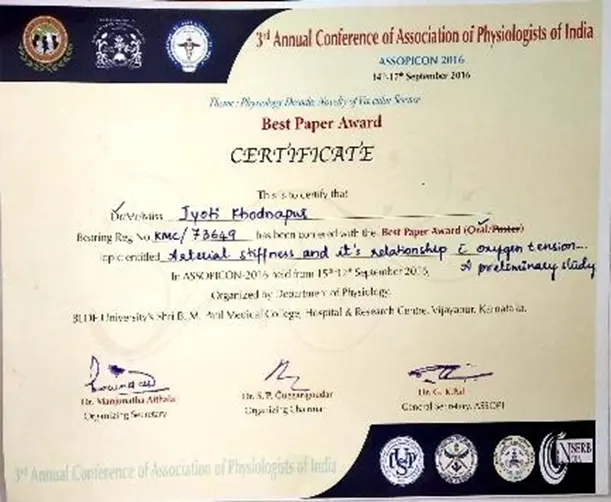 jyoti_khodnapur_BEST PAPER AWARD
        3rd Annual conference of association of Physiologists of India, ASSOPICON 2016, during 14th to 17th September, 2016
